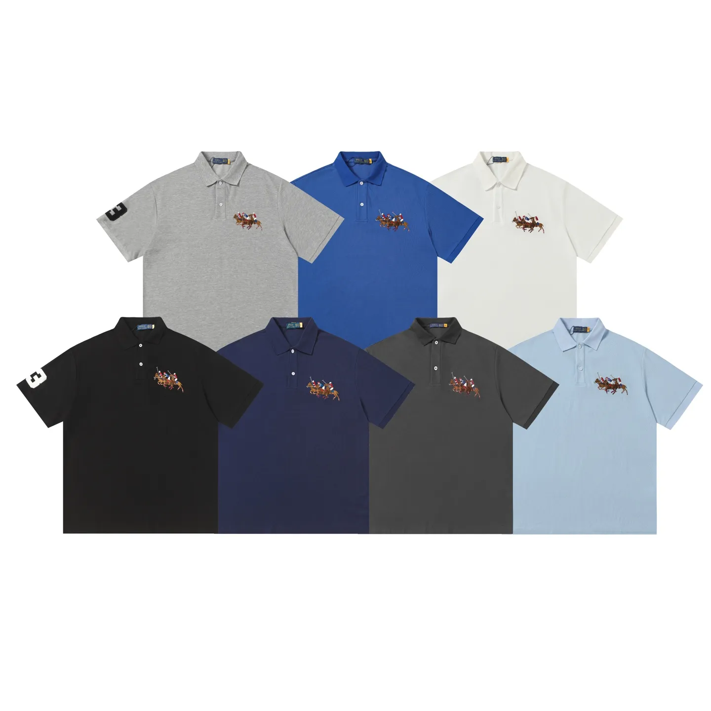 P160 Style No.: A011 [Ralph Lauren Classic Three Ponies Digital Embroidered Polo Shirt] ✅250 grams of fine cotton pique fabric, custom-woven and dyed threads ✅Original stickers Scan the QR code to enter the official website ✅Large version, loose and stylish, can wear up to 210 pounds Color: Black White Navy Blue Sky Blue Dark Gray Floral Gray Size: S-XL